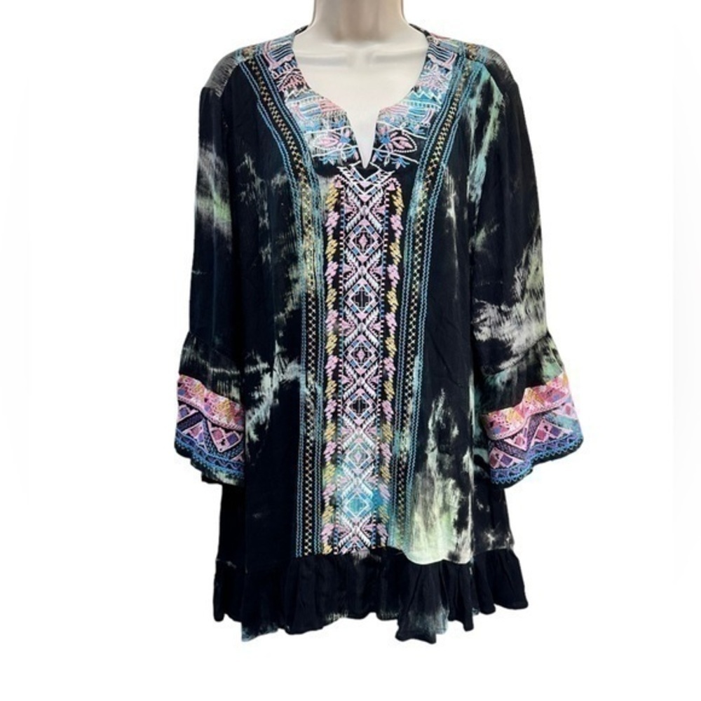 Caleoas Womens Blouse Top Embroidered Tie Dye Pop Over